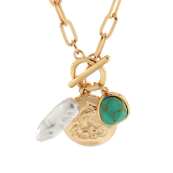 Coin & Stone & Pearl Pendant Necklace - Picture 2 of 2